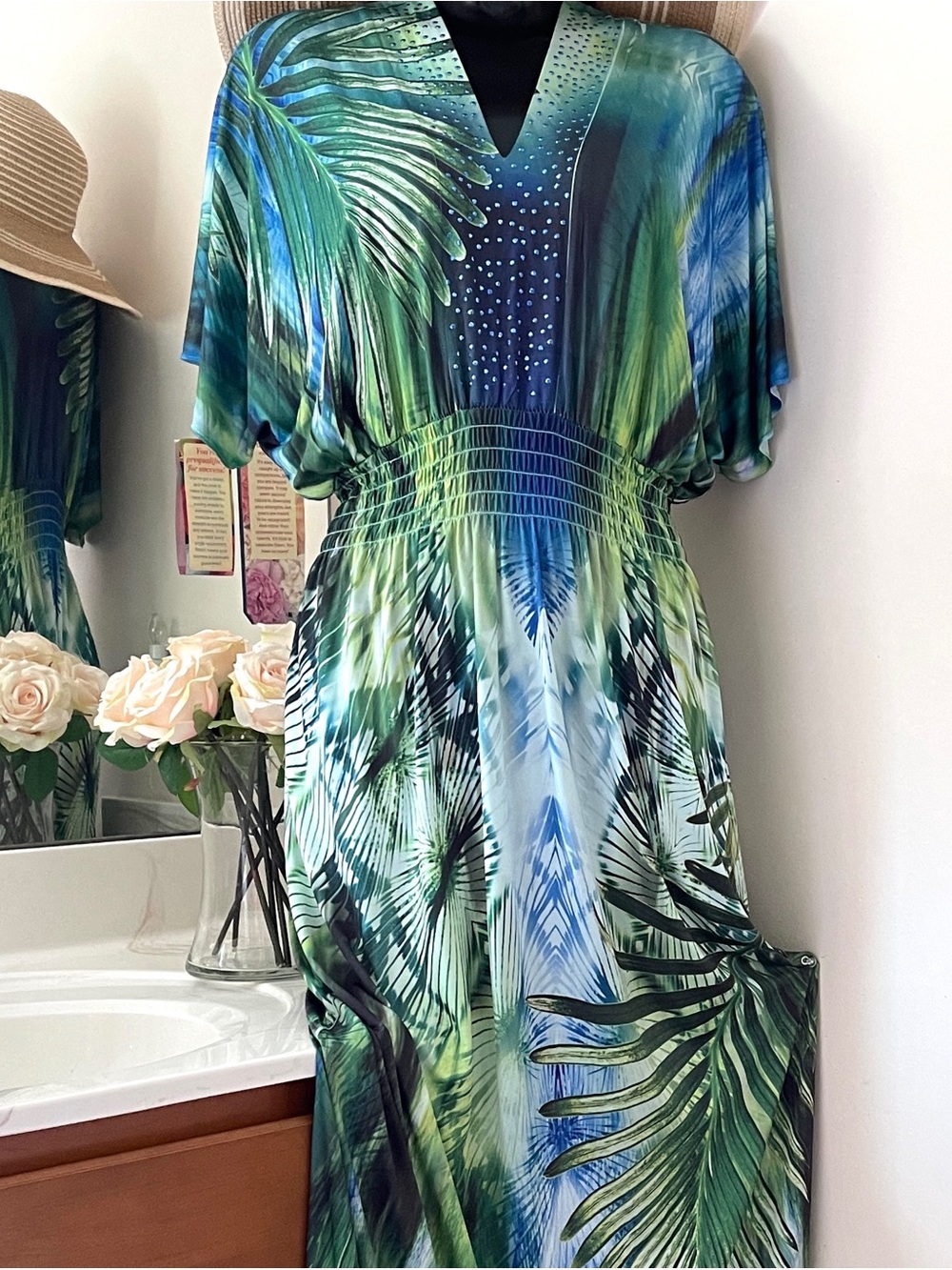 Plus Size Maxi Dress 1X Long Blue Green Women’s Dress Stretch